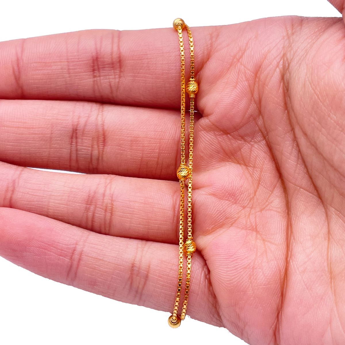 22kt Geelgoud Dubbel Laags Ketting Met Diamantgeslepen Kralen Armband