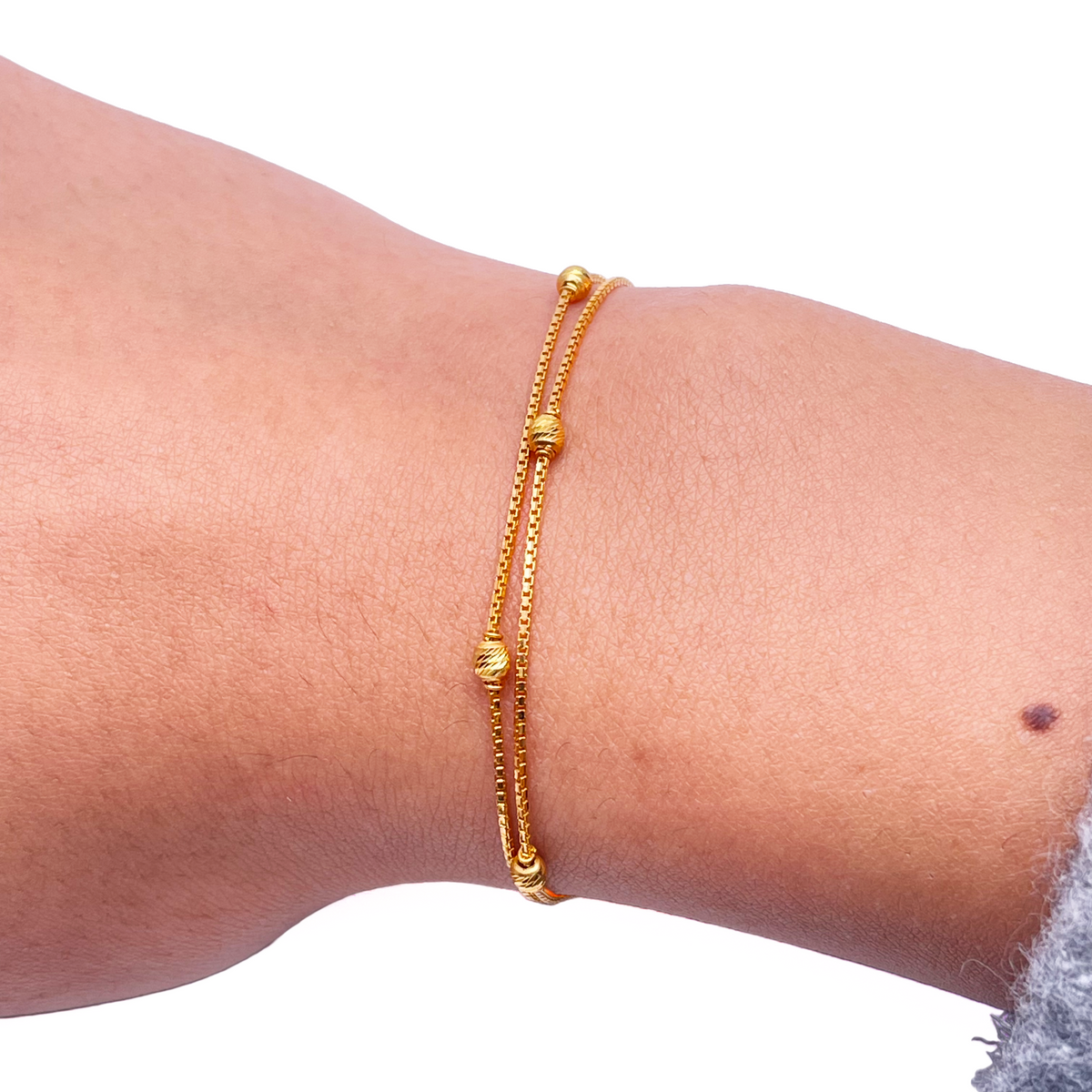 22kt Geelgoud Dubbel Laags Ketting Met Diamantgeslepen Kralen Armband