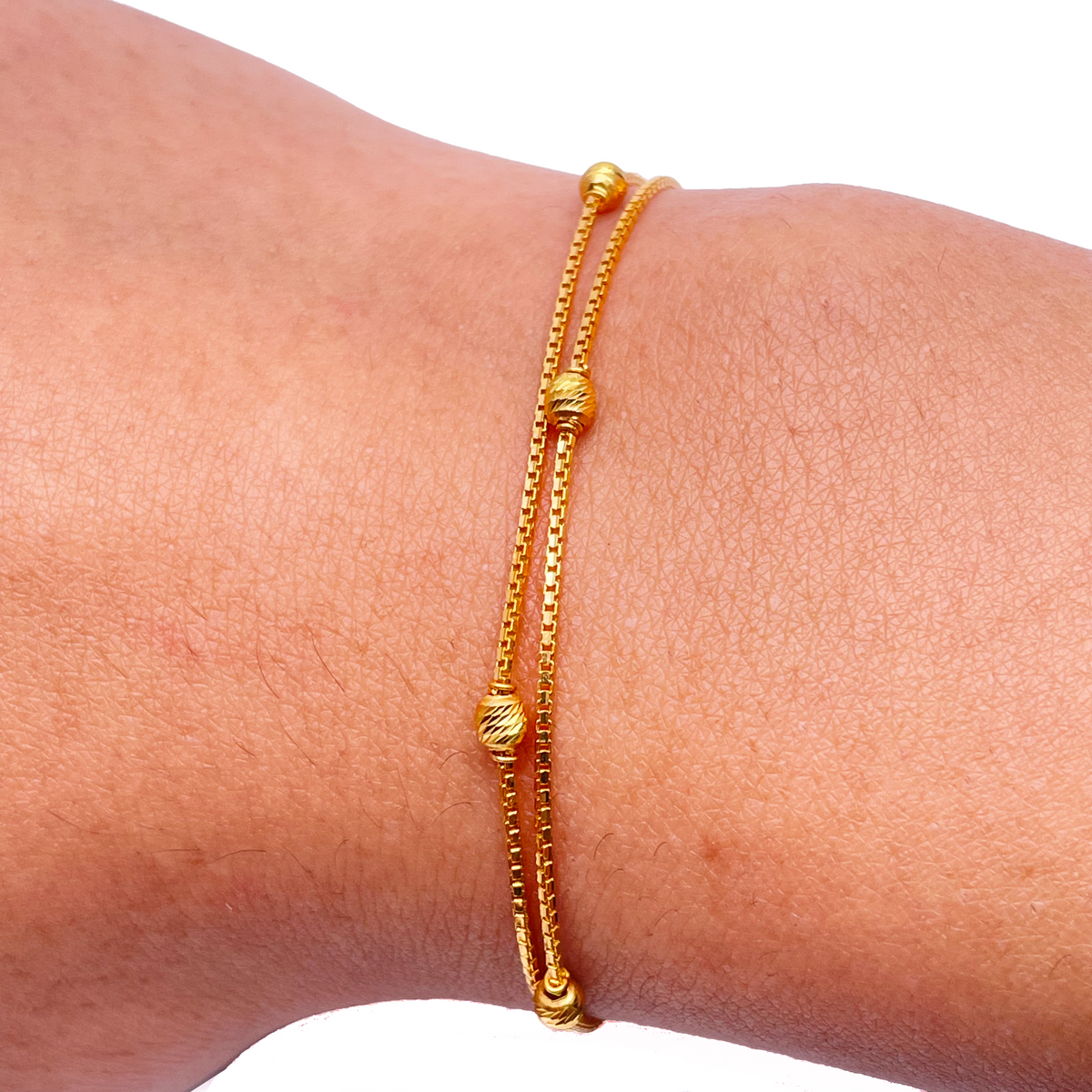 22kt Geelgoud Dubbel Laags Ketting Met Diamantgeslepen Kralen Armband