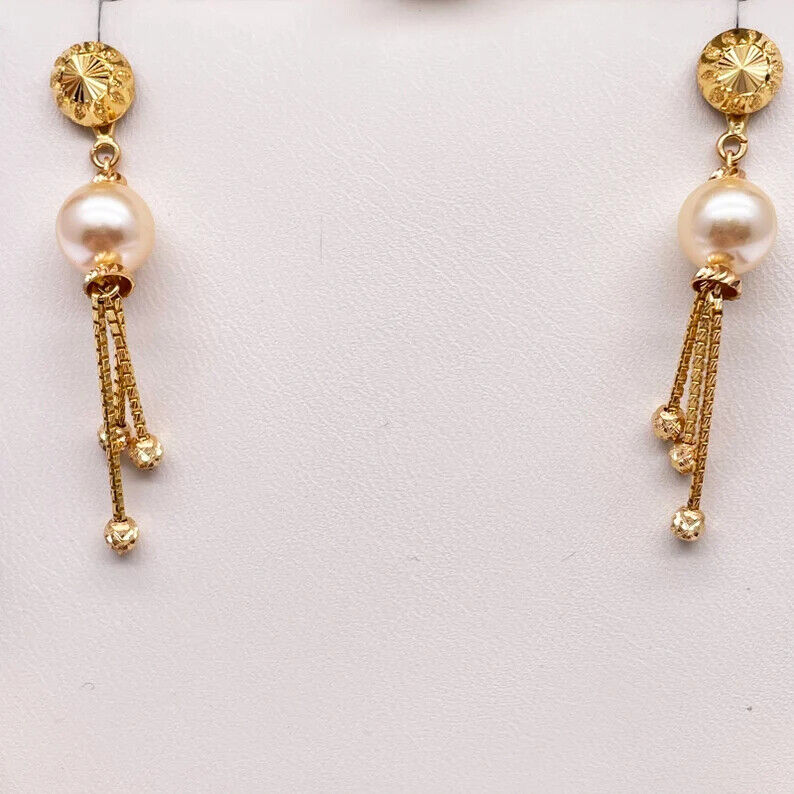22kt geelgouden parels & kralen diamantgeslepen bol gelaagde halsketting/oorbellen set