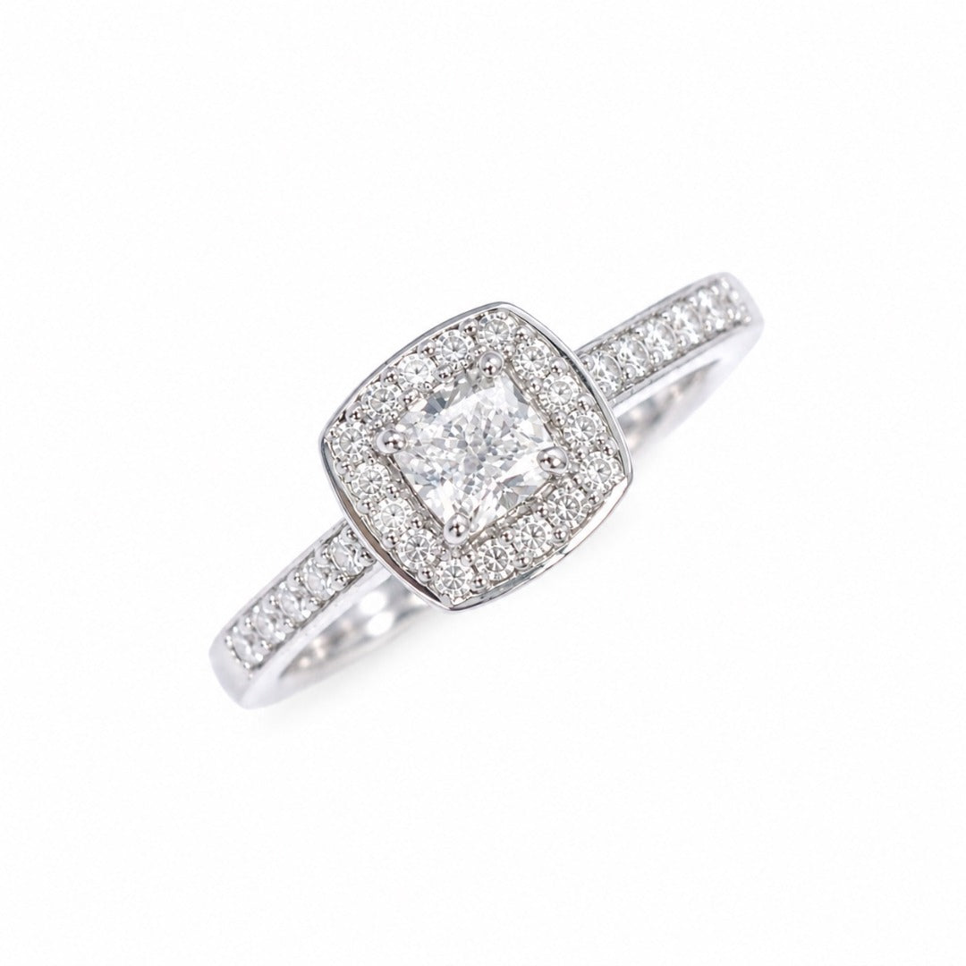 18ct White Gold GIA Natural Diamond Cushion Halo Ring 0.60ct