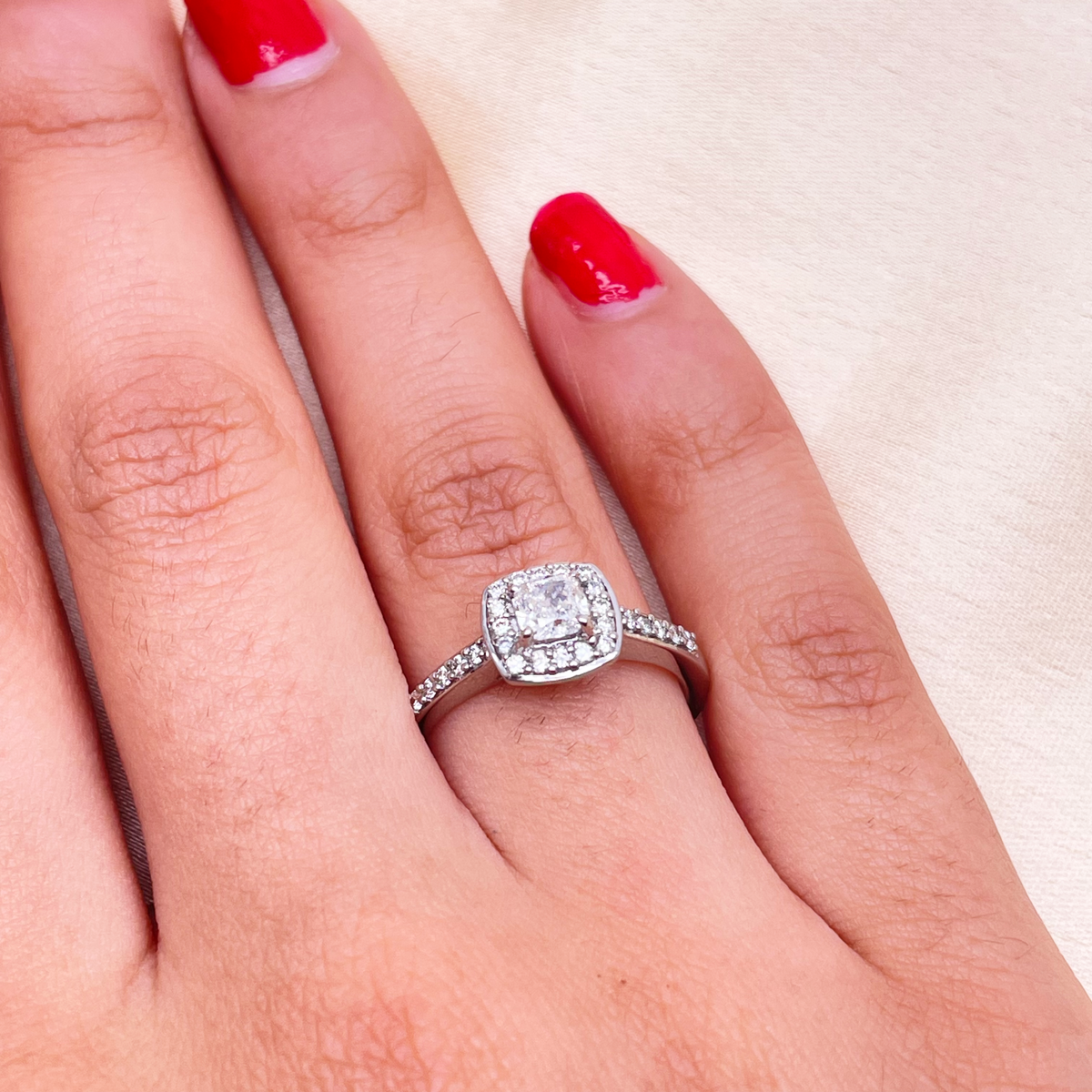 18ct White Gold GIA Natural Diamond Cushion Halo Ring 0.60ct