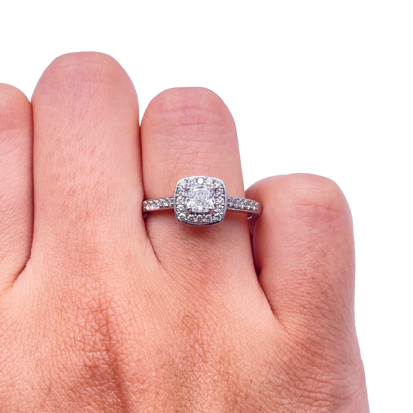 18ct White Gold GIA Natural Diamond Cushion Halo Ring 0.60ct