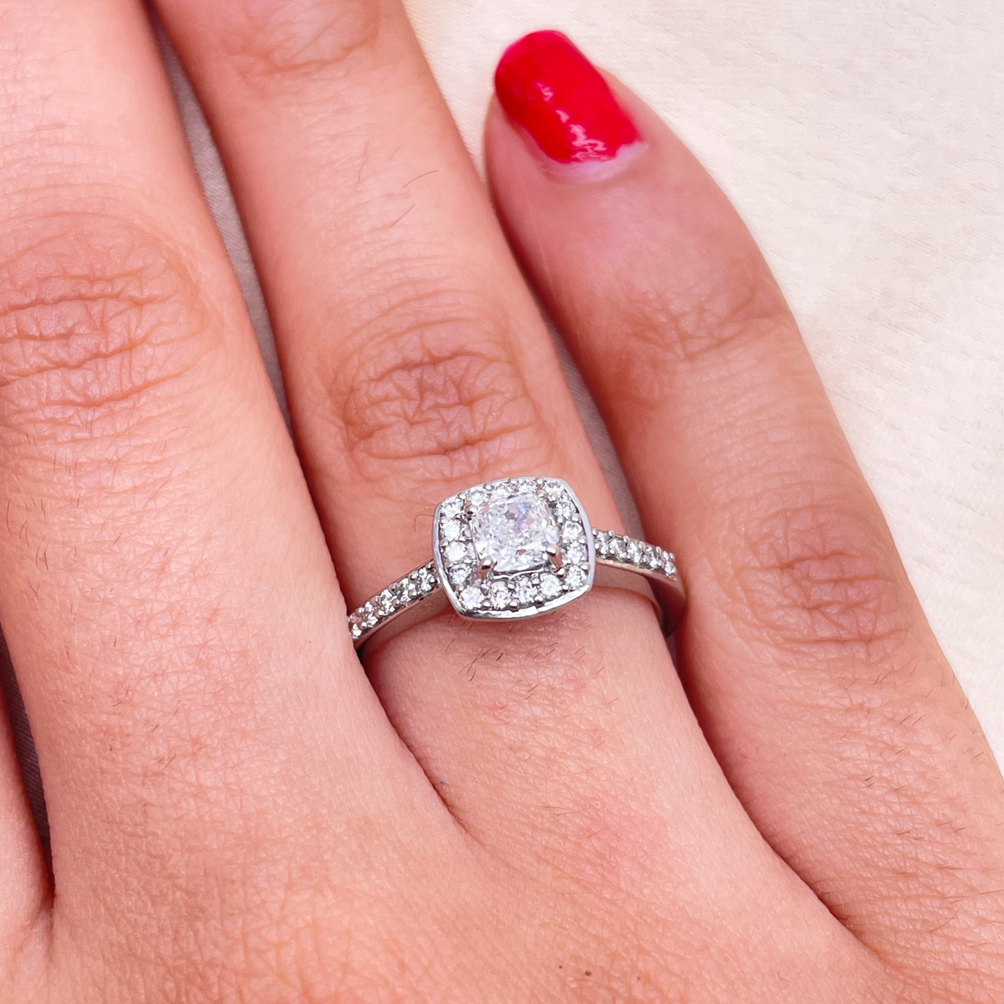 18ct White Gold GIA Natural Diamond Cushion Halo Ring 0.60ct
