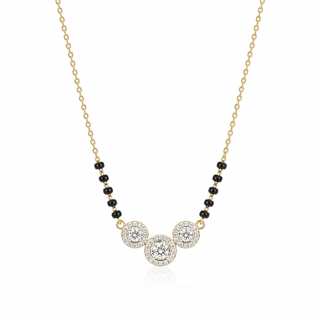 18 kt geelgouden natuurlijke diamant 0,62 ct drievoudige halo hanger mangalsutra ketting gehaltekenmerk