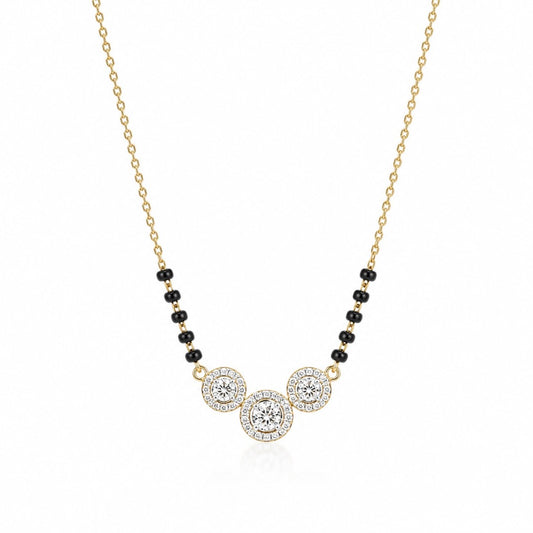 18 kt geelgouden natuurlijke diamant 0,62 ct drievoudige halo hanger mangalsutra ketting gehaltekenmerk