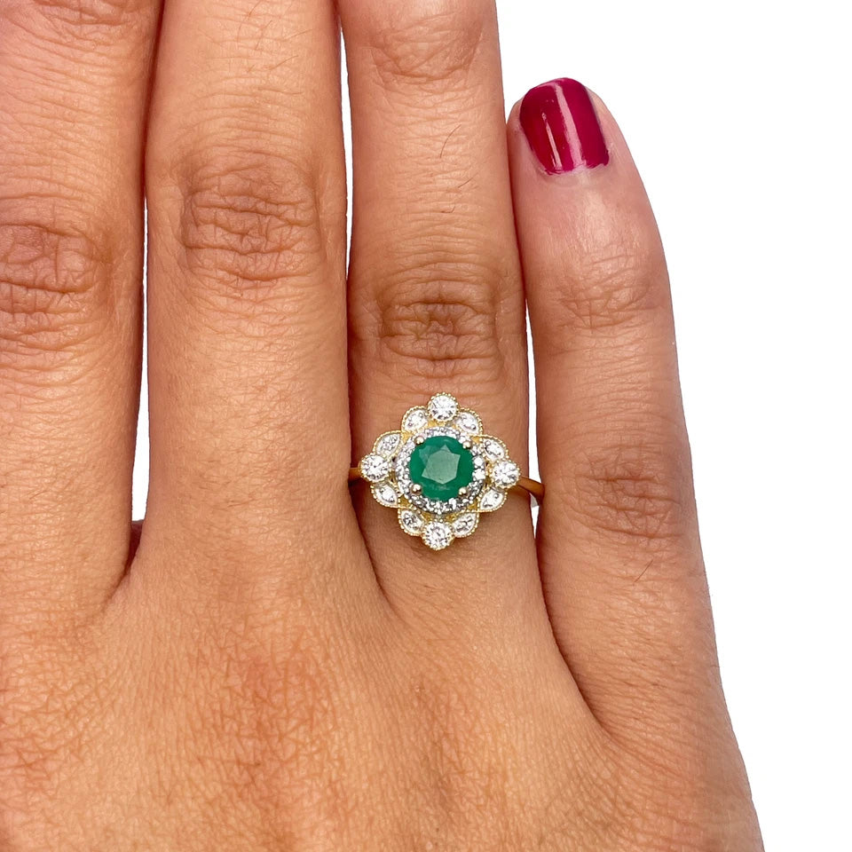 14ct Yellow Gold Natural Emerald & Diamond Vintage-Style Halo Ring 0.72ct