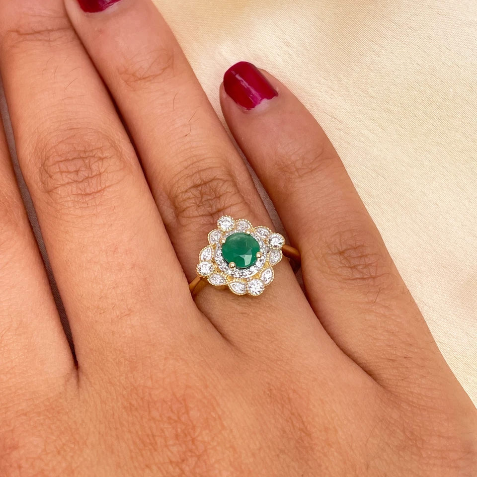 14ct Yellow Gold Natural Emerald & Diamond Vintage-Style Halo Ring 0.72ct
