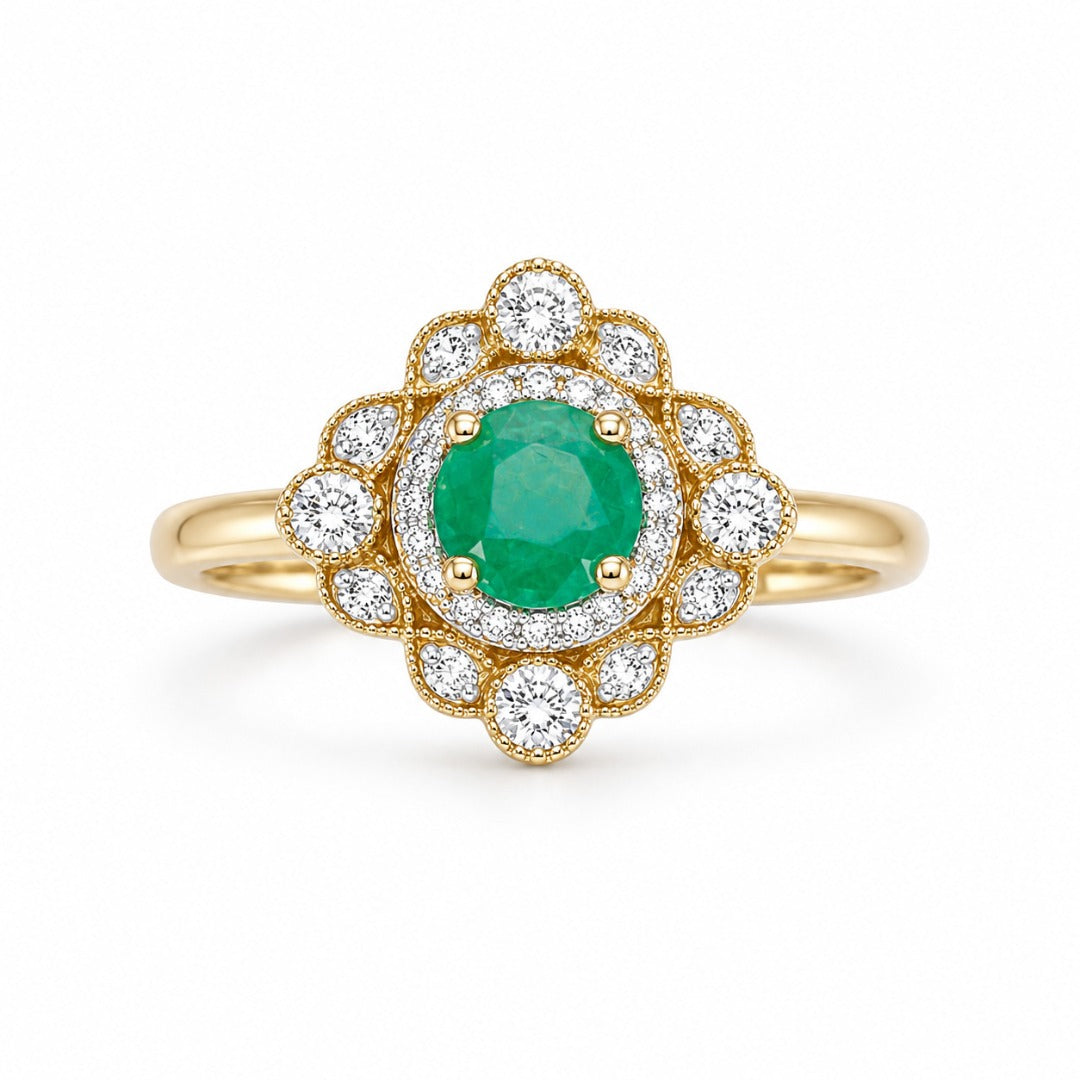 14ct Yellow Gold Natural Emerald & Diamond Vintage-Style Halo Ring 0.72ct