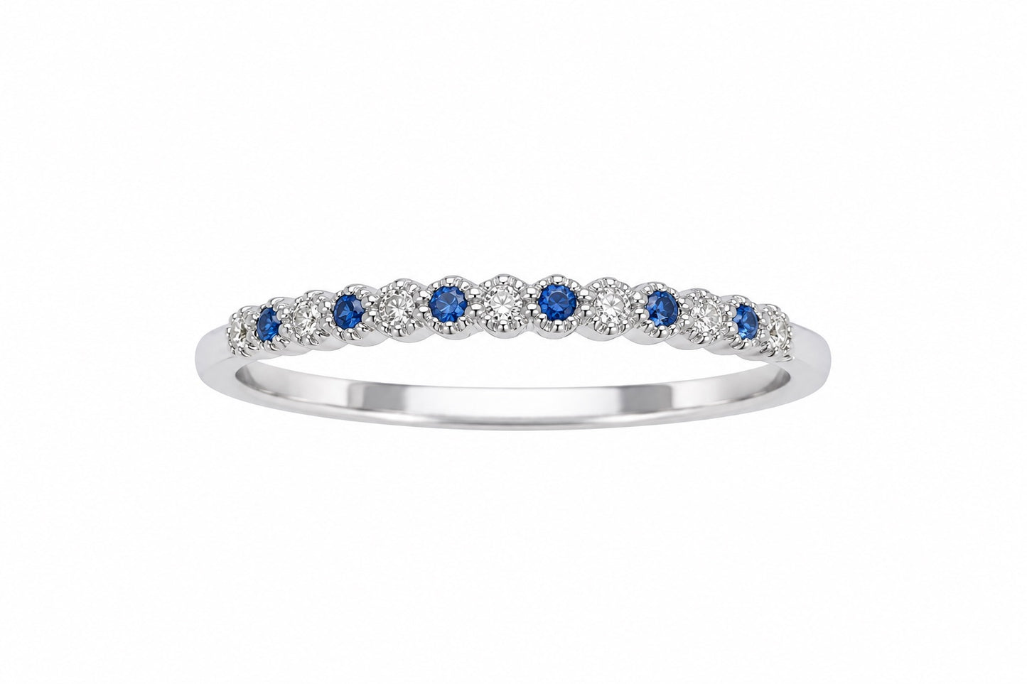 18ct White Gold Sapphire & Diamond Stackable Milgrain Ring 0.09ct