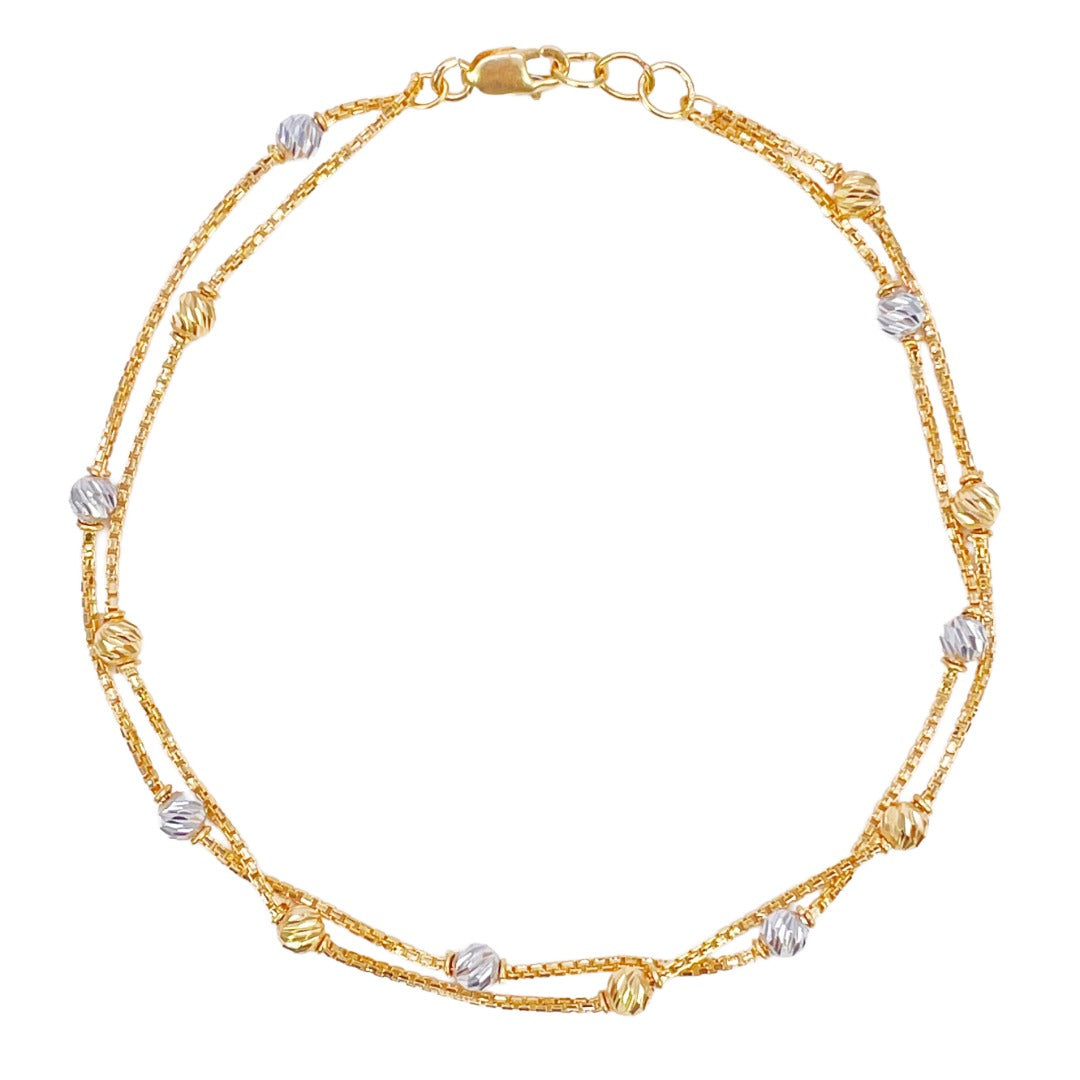 22-karaats geelgouden dubbele ketting met tweekleurige diamantgeslepen kralen armband