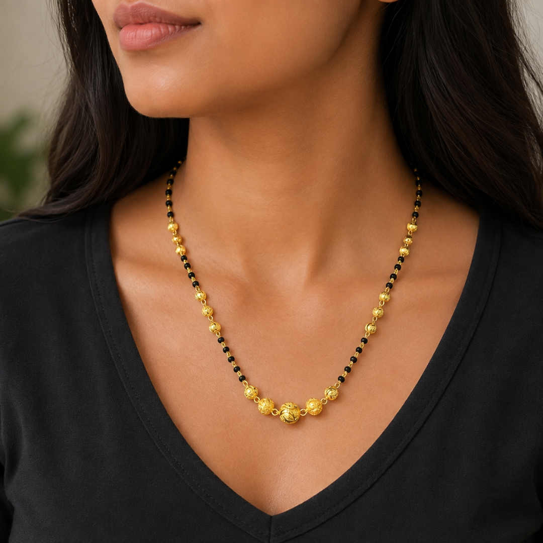 22kt geelgouden mangalsutra ketting met diamantgeslepen kralen, 18,5 inch