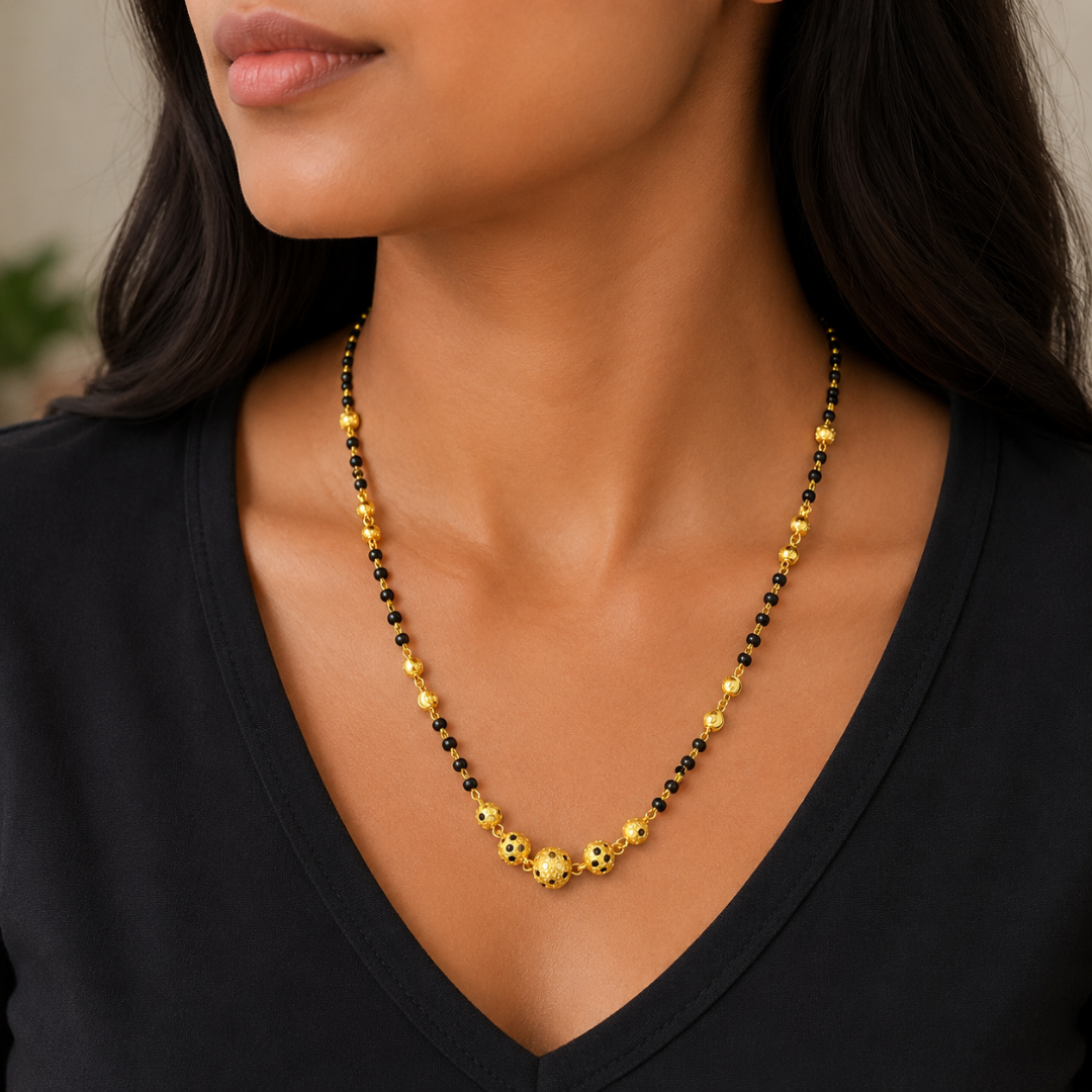 22kt geelgouden mangalsutra ketting met diamantgeslepen kralen, 18,5 inch