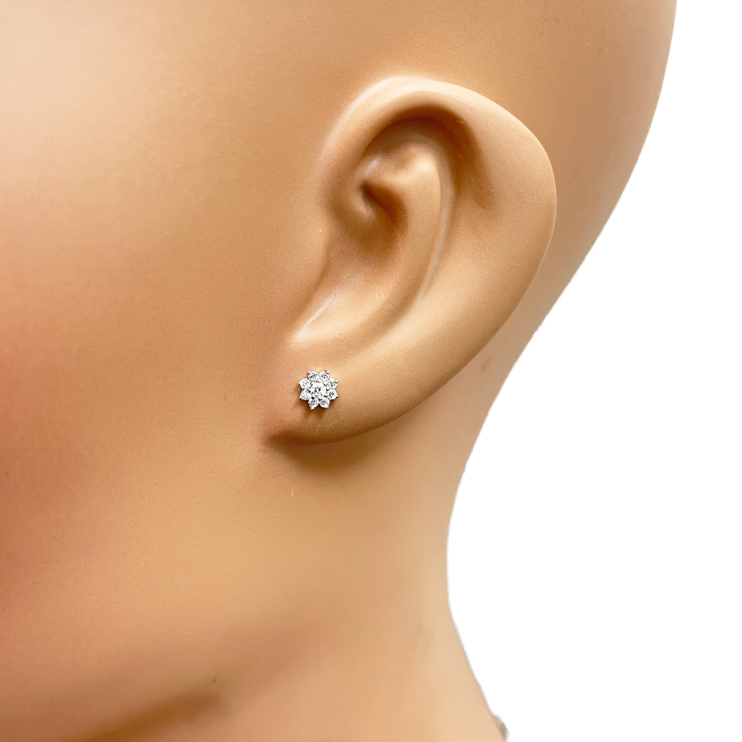 18kt witgouden kinderoorbellen met mooie achtbladige bloem en cubic zirconia, 5,5 mm lengte