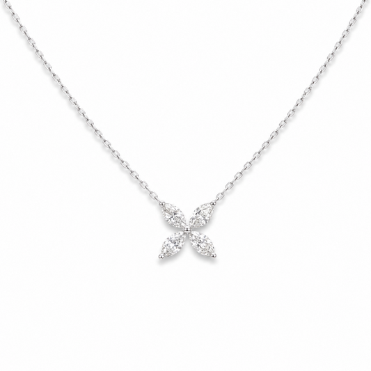 18ct White Gold Marquise Diamond Four-Leaf Flower Pendant Necklace - 0.45ct
