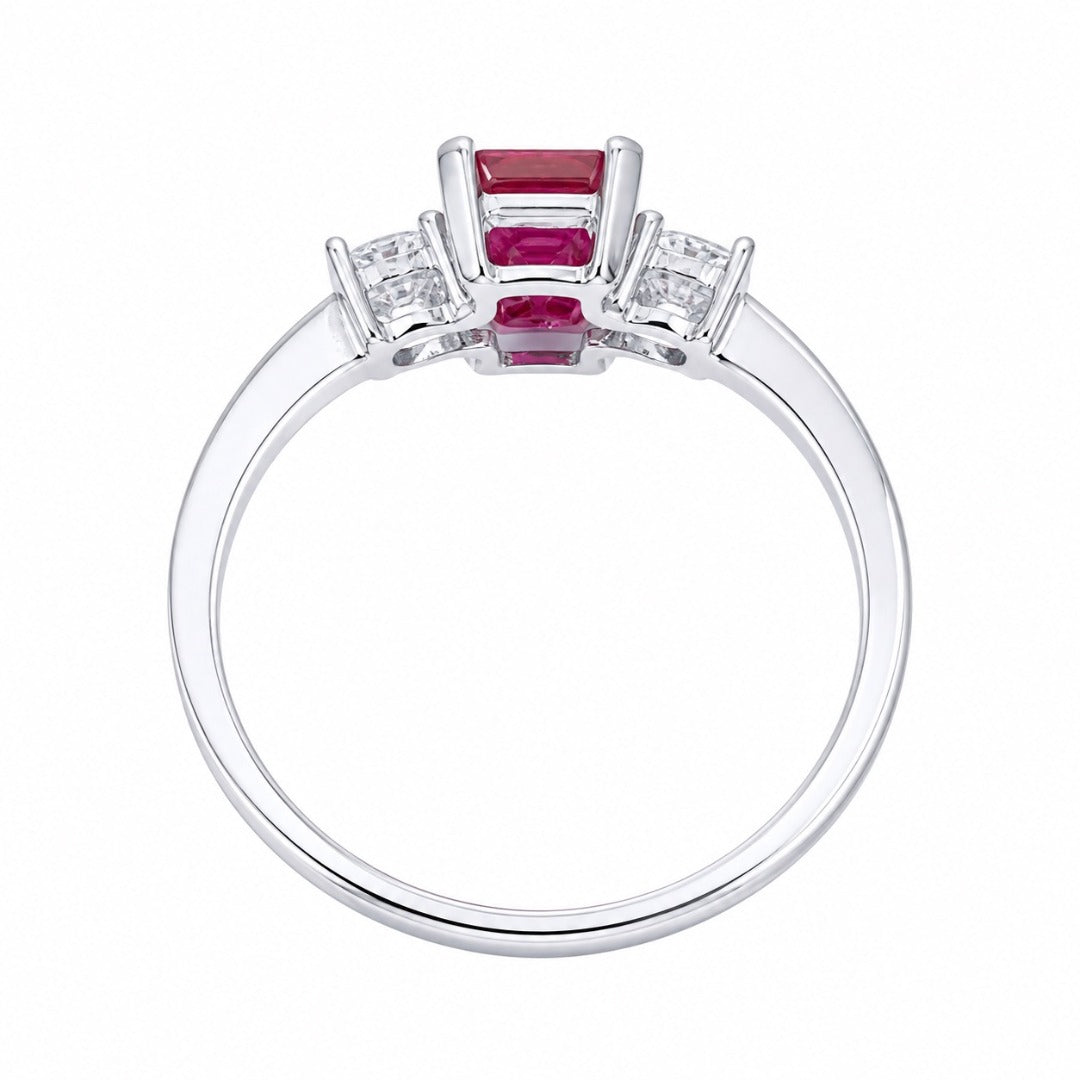 18 kt witgouden natuurlijke smaragd geslepen robijn & ronde diamant trilogie ring 1,45 ct