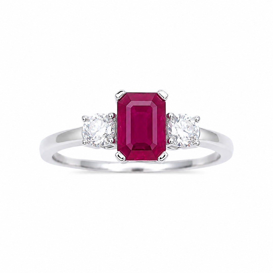 18 kt witgouden natuurlijke smaragd geslepen robijn & ronde diamant trilogie ring 1,45 ct