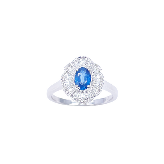 18 kt witgouden ovale blauwe saffier & diamant cluster milgrain ring 0,65 ct