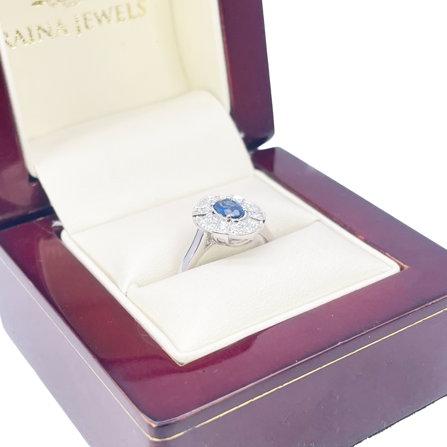 18 kt witgouden ovale blauwe saffier & diamant cluster milgrain ring 0,65 ct