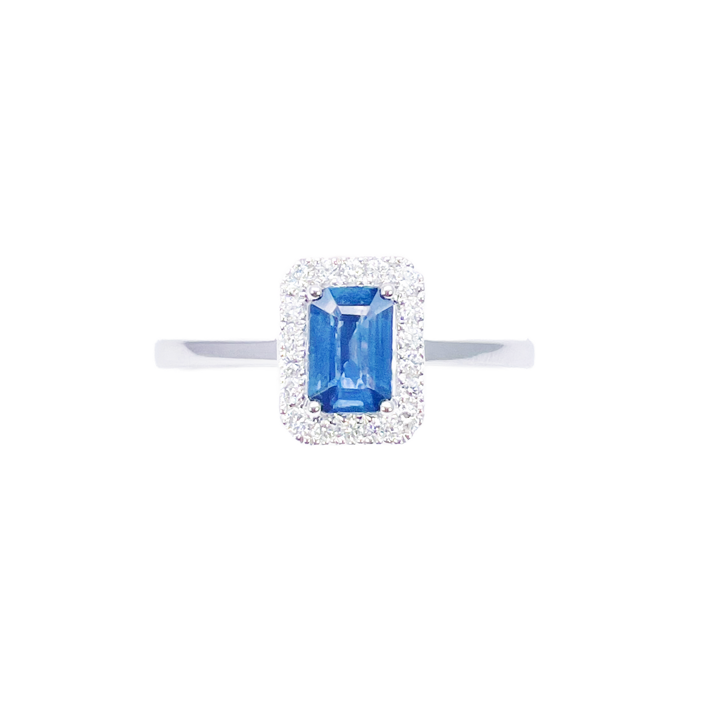 18 karaat witgouden smaragd geslepen blauwe saffier & diamant halo ring 0,79 ct