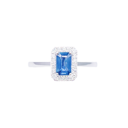 18 karaat witgouden smaragd geslepen blauwe saffier & diamant halo ring 0,79 ct
