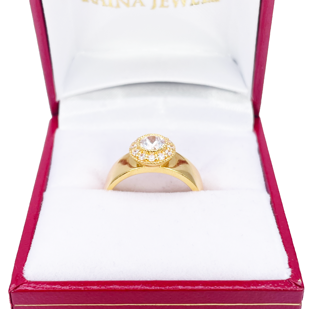 22-karaats gouden halo-ring met kubieke zirkonia, hoogglans, 8,6 mm breed
