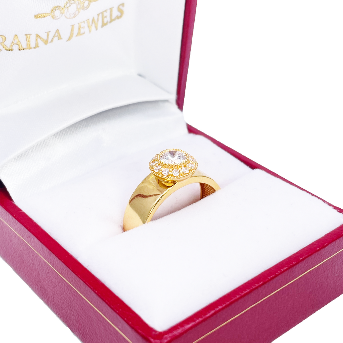 22-karaats gouden halo-ring met kubieke zirkonia, hoogglans, 8,6 mm breed