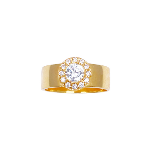 22-karaats gouden halo-ring met kubieke zirkonia, hoogglans, 8,6 mm breed