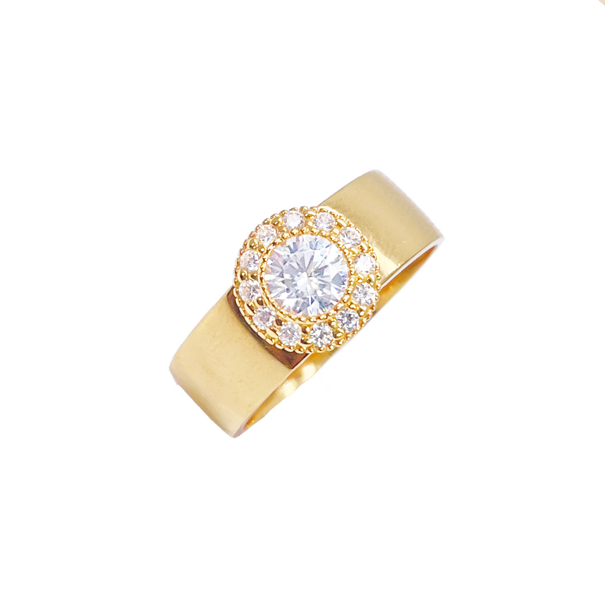 22-karaats gouden halo-ring met kubieke zirkonia, hoogglans, 8,6 mm breed