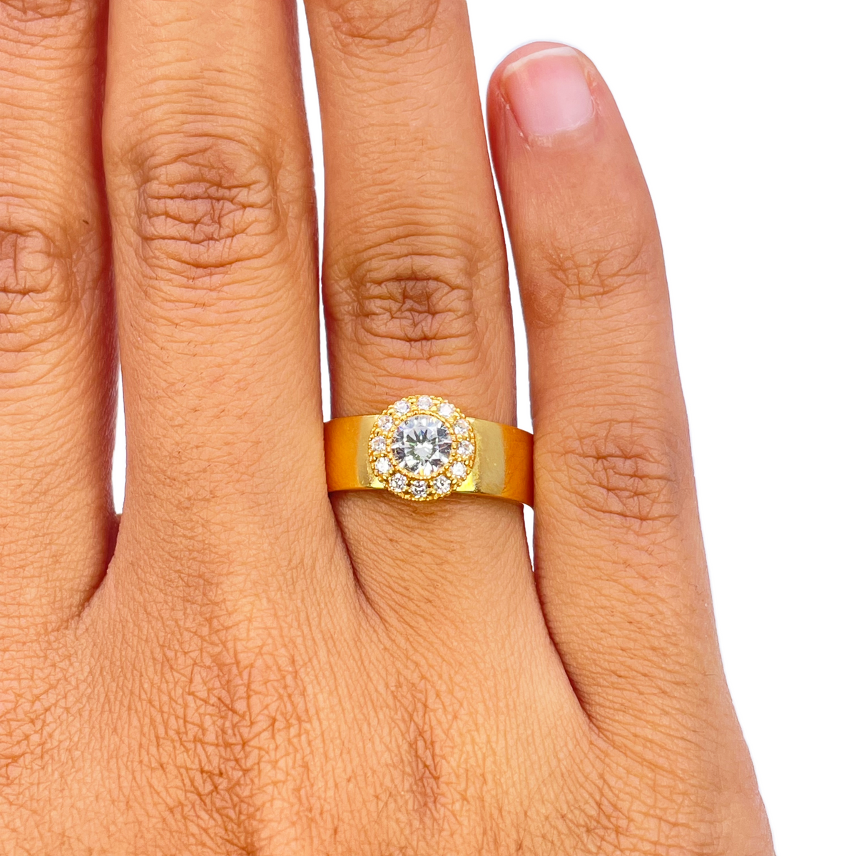 22-karaats gouden halo-ring met kubieke zirkonia, hoogglans, 8,6 mm breed