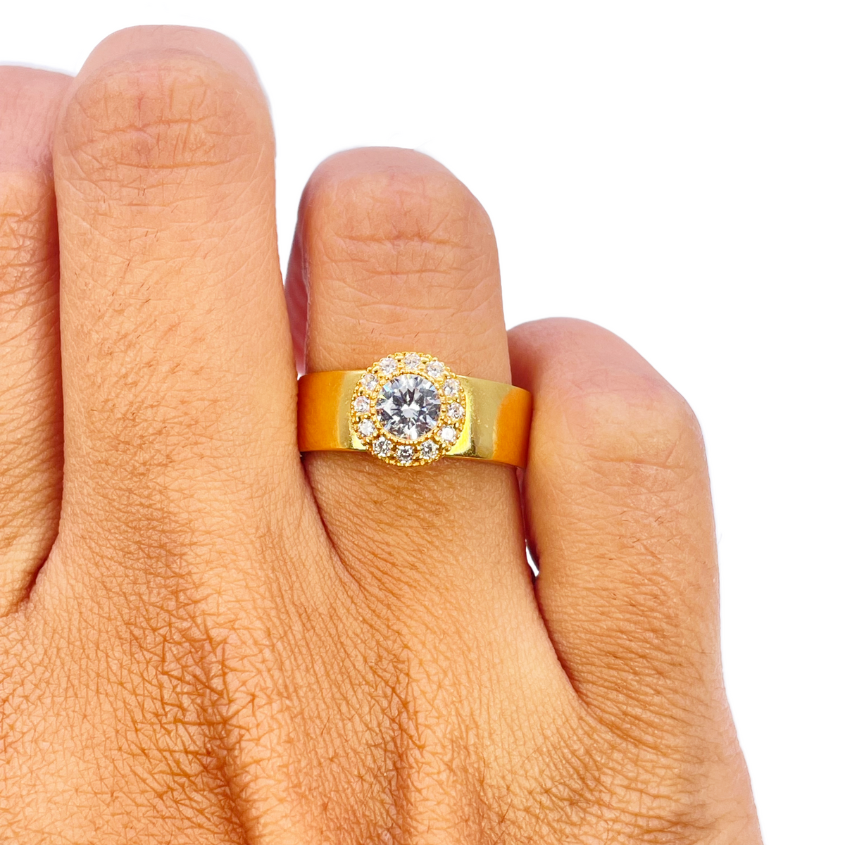 22-karaats gouden halo-ring met kubieke zirkonia, hoogglans, 8,6 mm breed