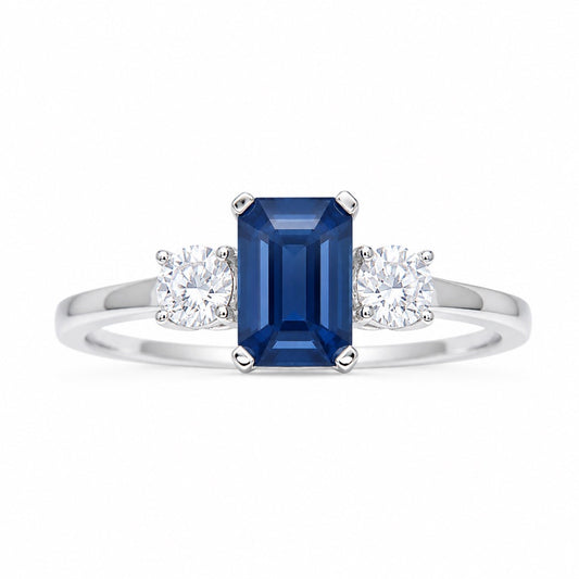18-karaats gouden ring met saffier en diamant, natuurlijke ronde en smaragd slijpvorm, drie stenen 1,47ct