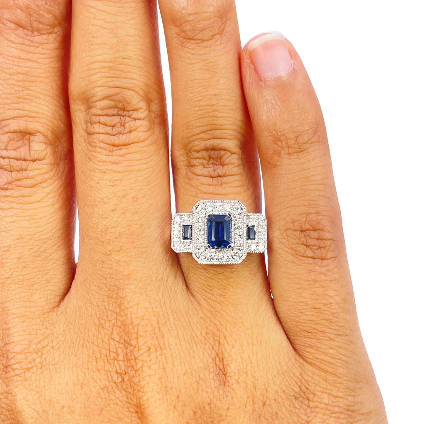 18ct Gold Emerald Cut Sapphire Triple Halo Round Diamond Art Deco Ring 1.14ct