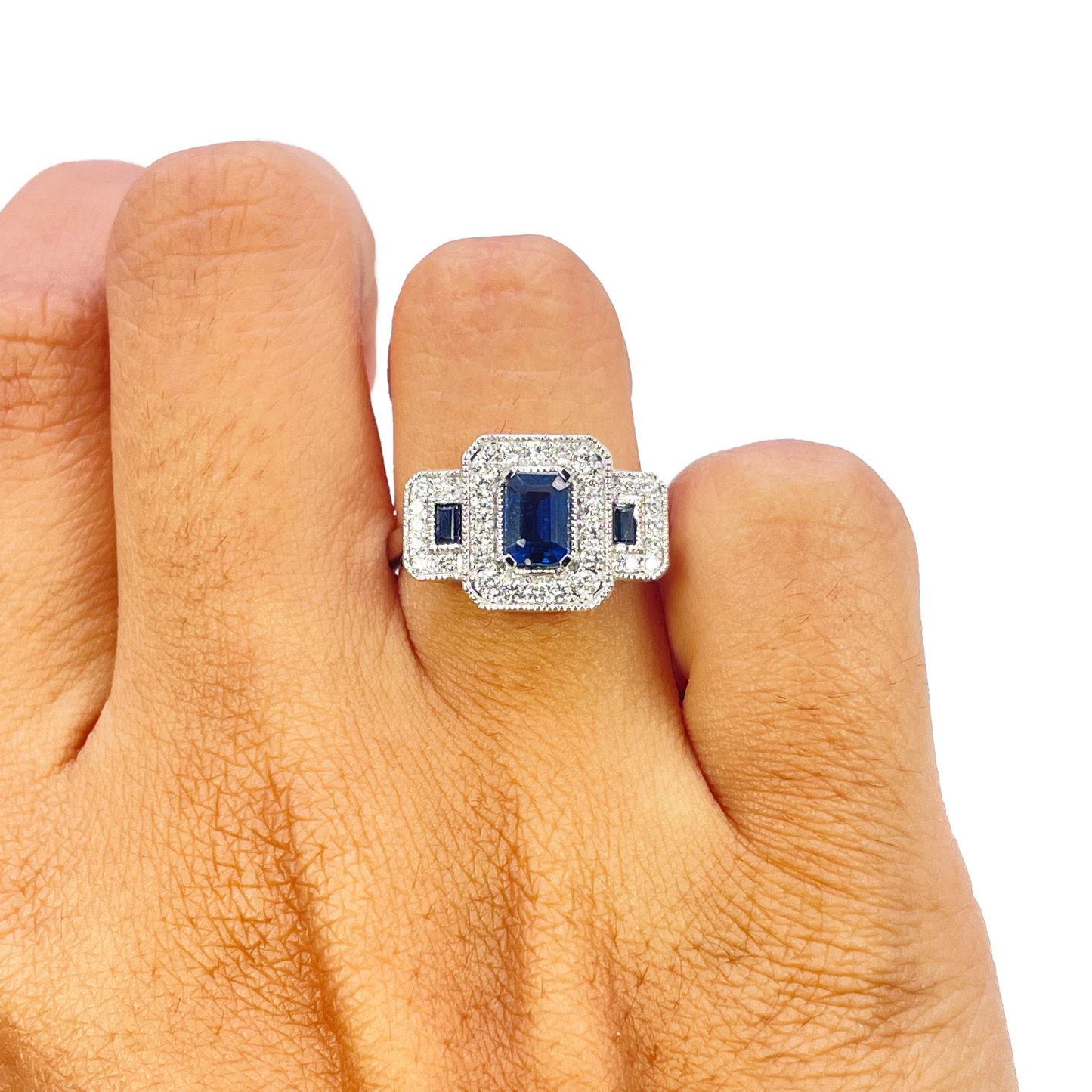 18ct Gold Emerald Cut Sapphire Triple Halo Round Diamond Art Deco Ring 1.14ct