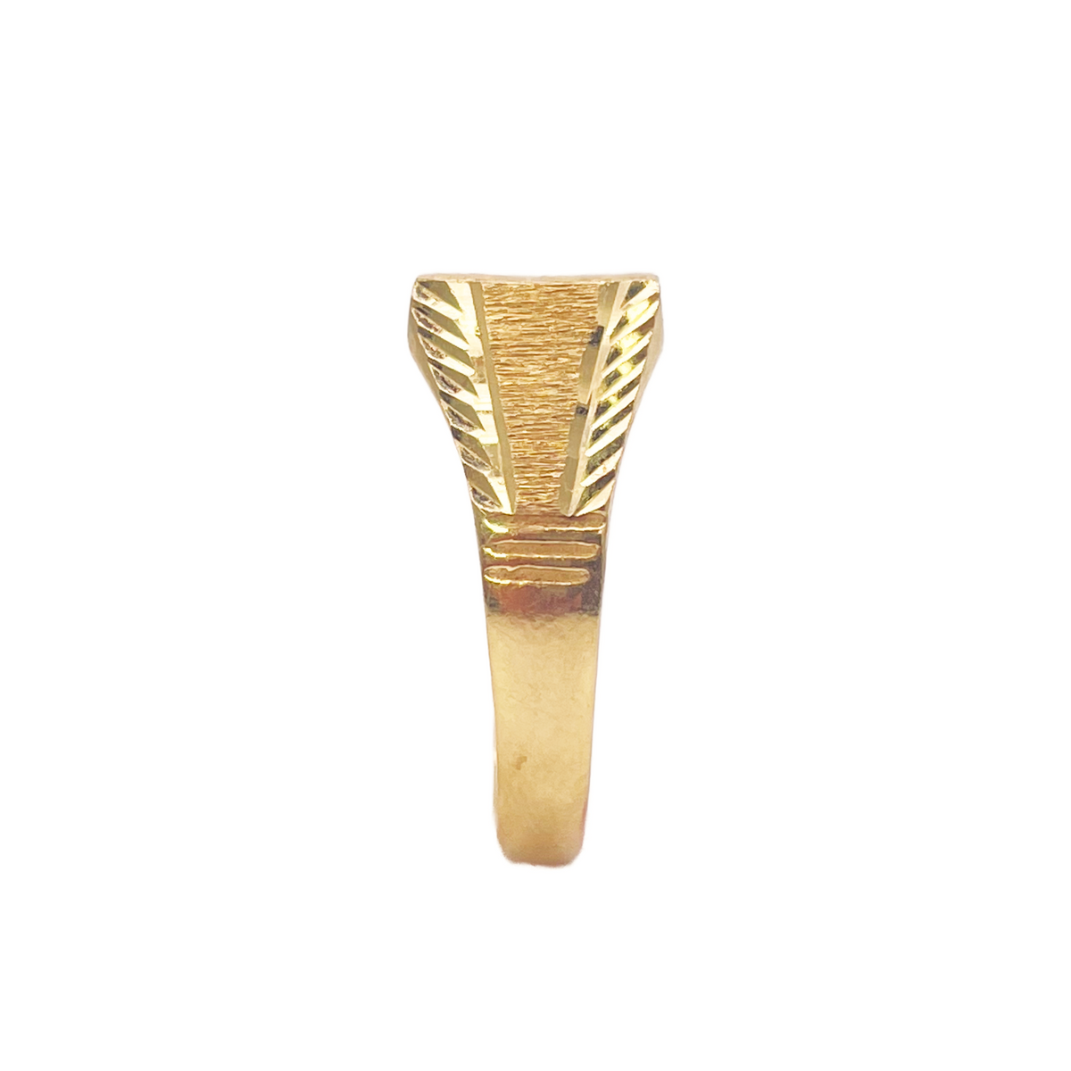 22-karaats gouden ring met vierkante signet, textuur en hoogglans, diamant geslepen, breedte 8,4mm