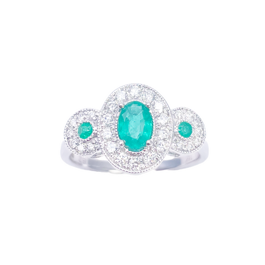 18-karaats gouden ring met natuurlijke smaragd en diamant, ronde en ovale slijpvorm 0,80ct