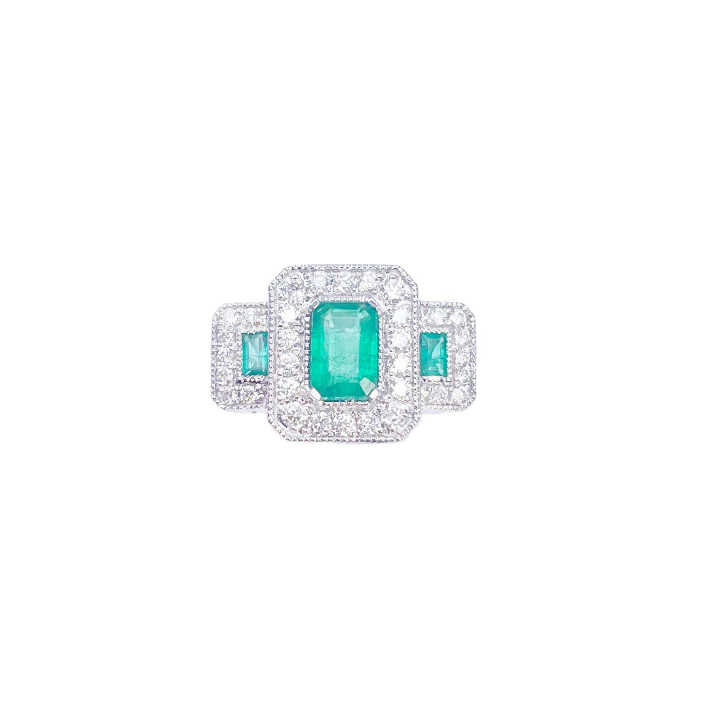 18-karaats gouden ring met natuurlijke smaragd en diamant, halo, ronde en smaragd slijpvorm 0,95ct