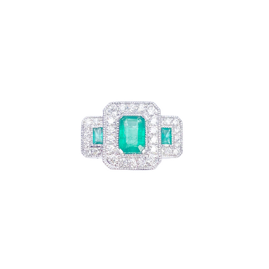 18-karaats gouden ring met natuurlijke smaragd en diamant, halo, ronde en smaragd slijpvorm 0,95ct