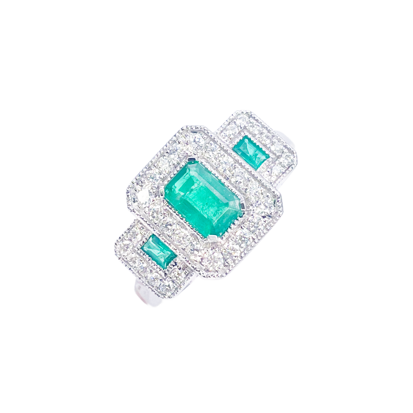 18-karaats gouden ring met natuurlijke smaragd en diamant, halo, ronde en smaragd slijpvorm 0,95ct