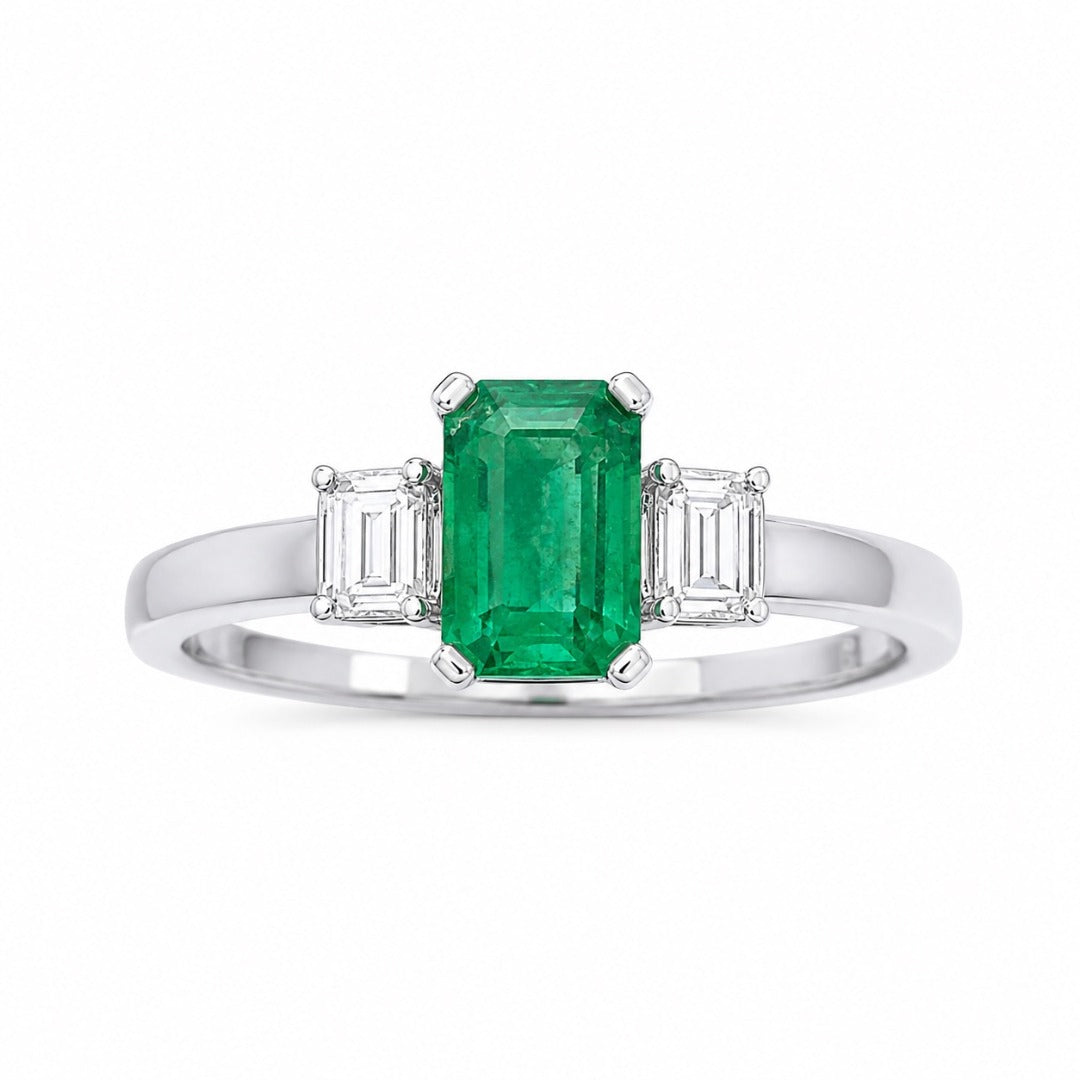 18-karaats gouden ring met smaragd en diamant, natuurlijke baguette en smaragd slijpvorm 0,75ct