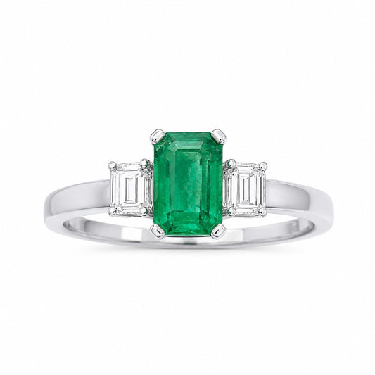 18-karaats gouden ring met smaragd en diamant, natuurlijke baguette en smaragd slijpvorm 0,75ct