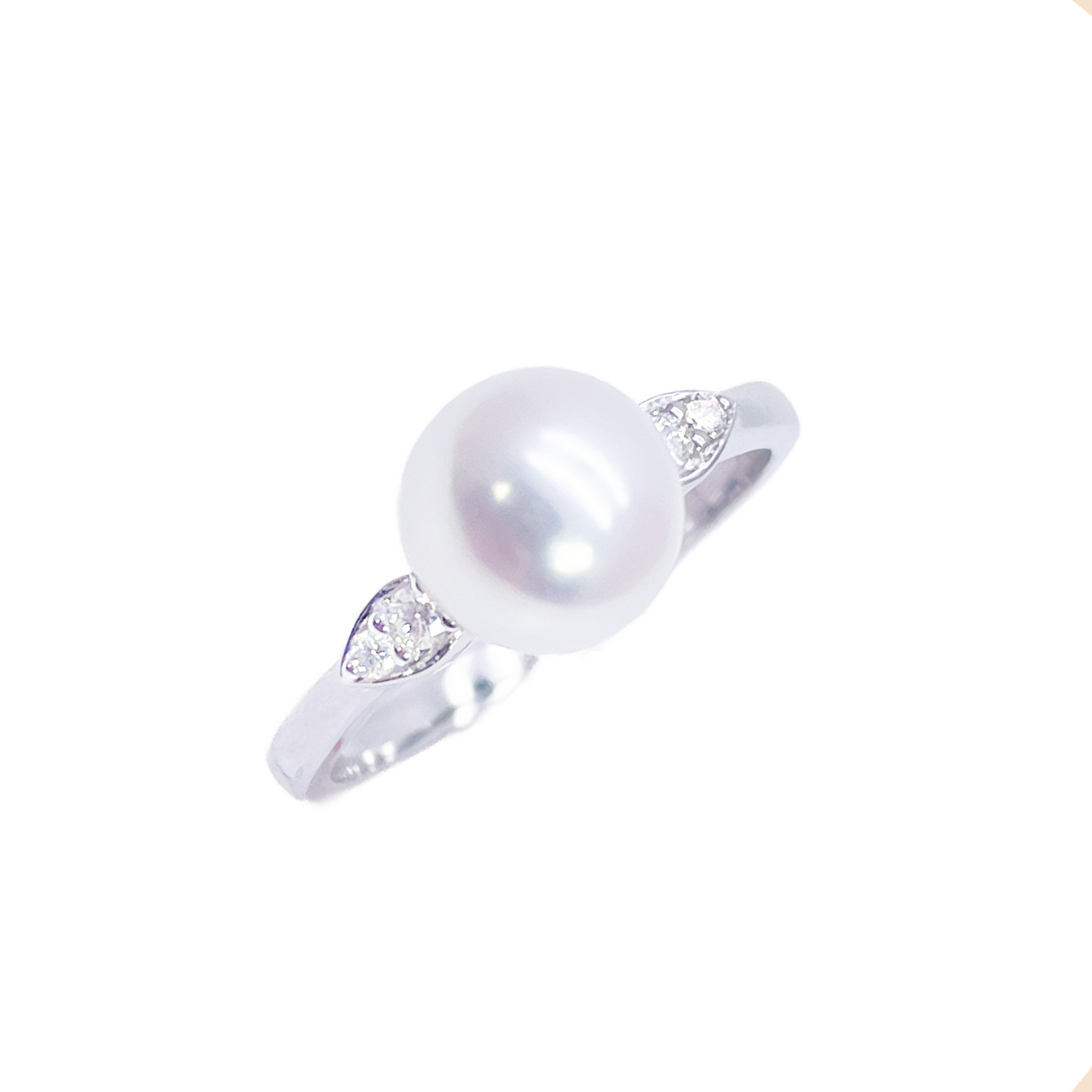 18-karaats gouden ring met zoetwaterparel en diamant, natuurlijke ronde slijpvorm 0,07ct