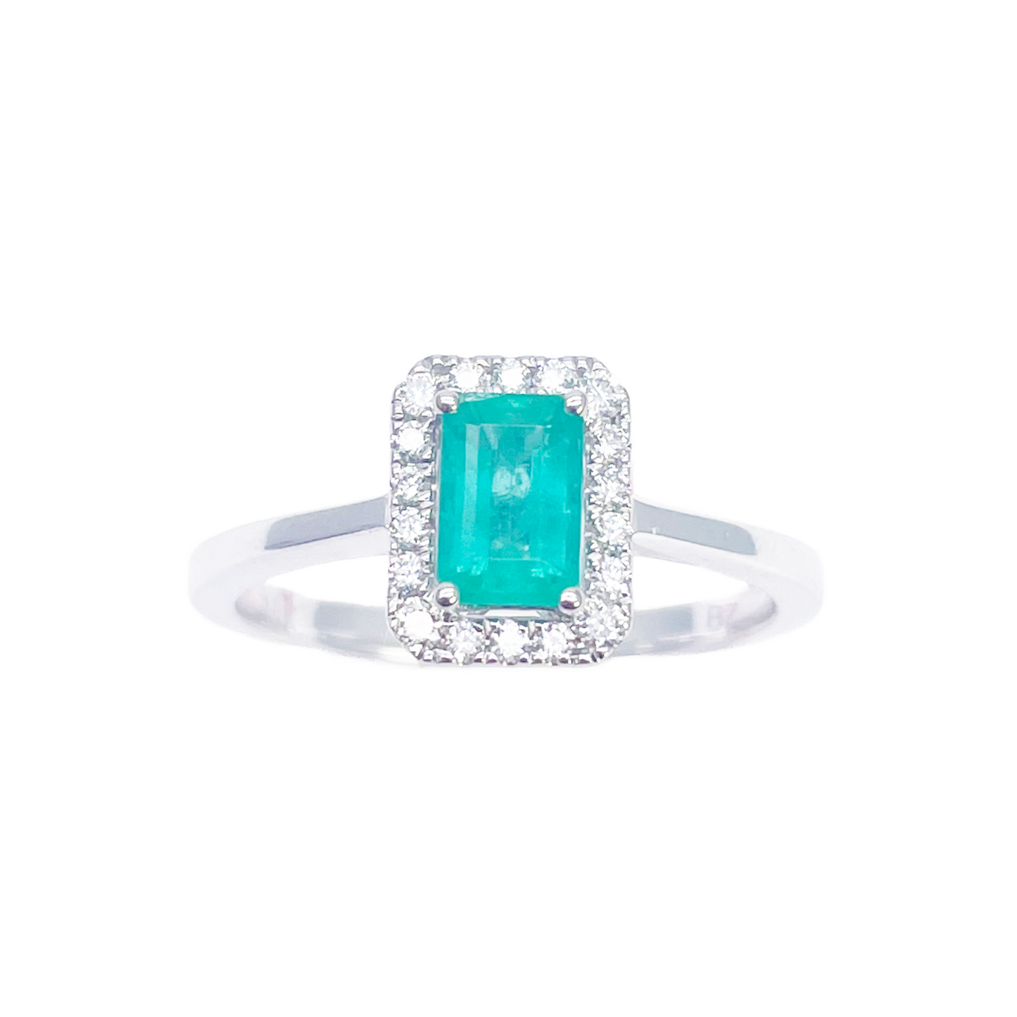 18-karaats gouden ring met natuurlijke smaragd en diamant, halo, ronde en smaragd slijpvorm 0,70ct