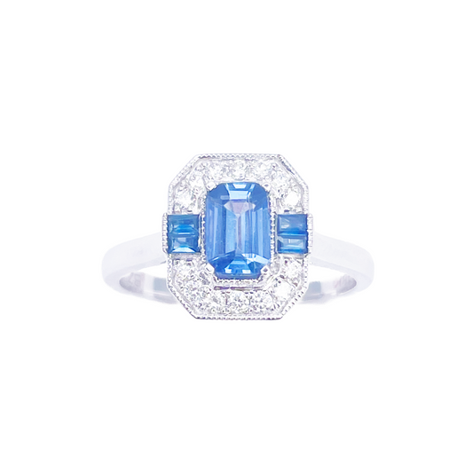 18-karaats gouden ring met natuurlijke saffier en diamant, halo, ronde en smaragd slijpvorm 1,00ct