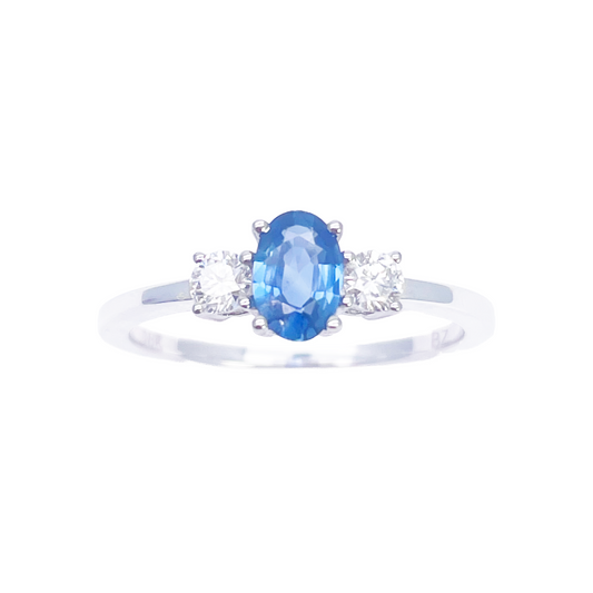 18kt Goud Natuurlijke Saffier Diamant Drie-Stenen Ring Rond & Ovaal Geslepen 0,65ct