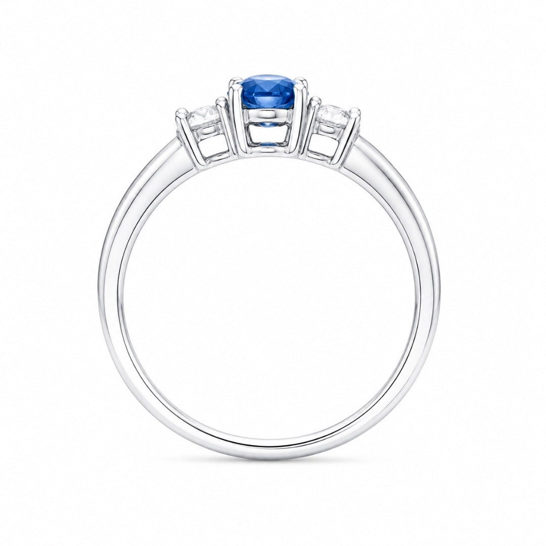18kt Goud Natuurlijke Saffier Diamant Drie-Stenen Ring Rond & Ovaal Geslepen 0,65ct