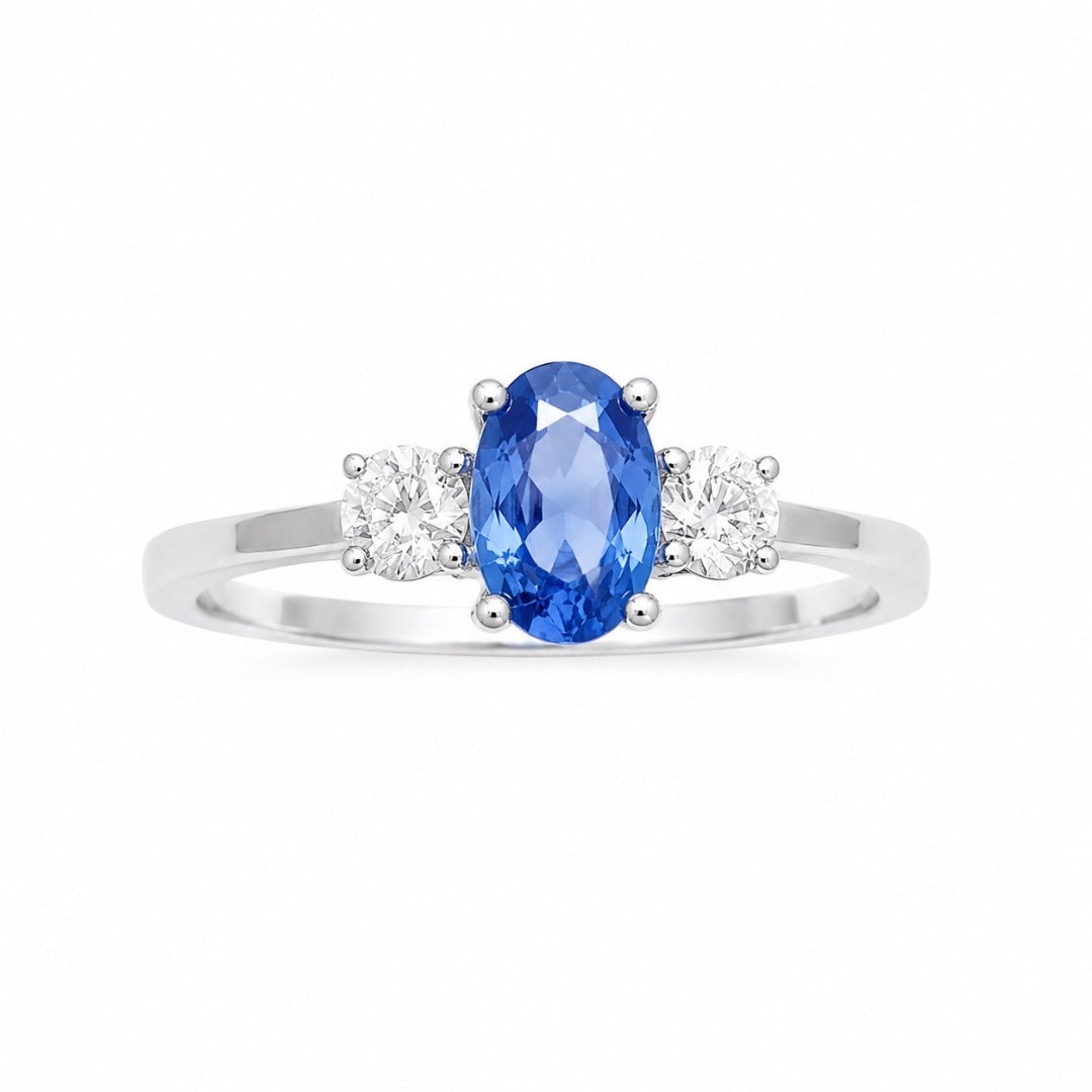 18kt Goud Natuurlijke Saffier Diamant Drie-Stenen Ring Rond & Ovaal Geslepen 0,65ct