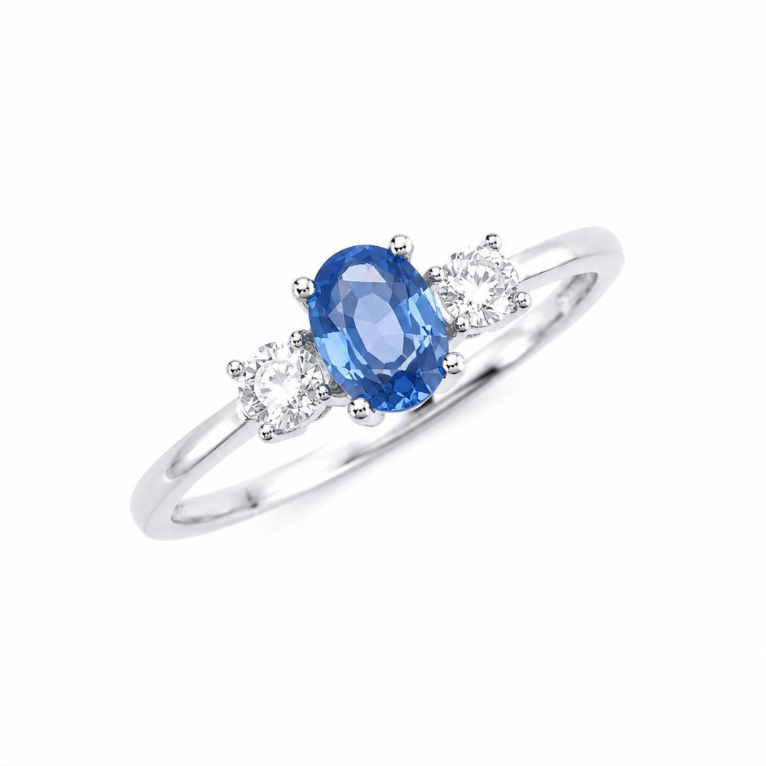 18kt Goud Natuurlijke Saffier Diamant Drie-Stenen Ring Rond & Ovaal Geslepen 0,65ct