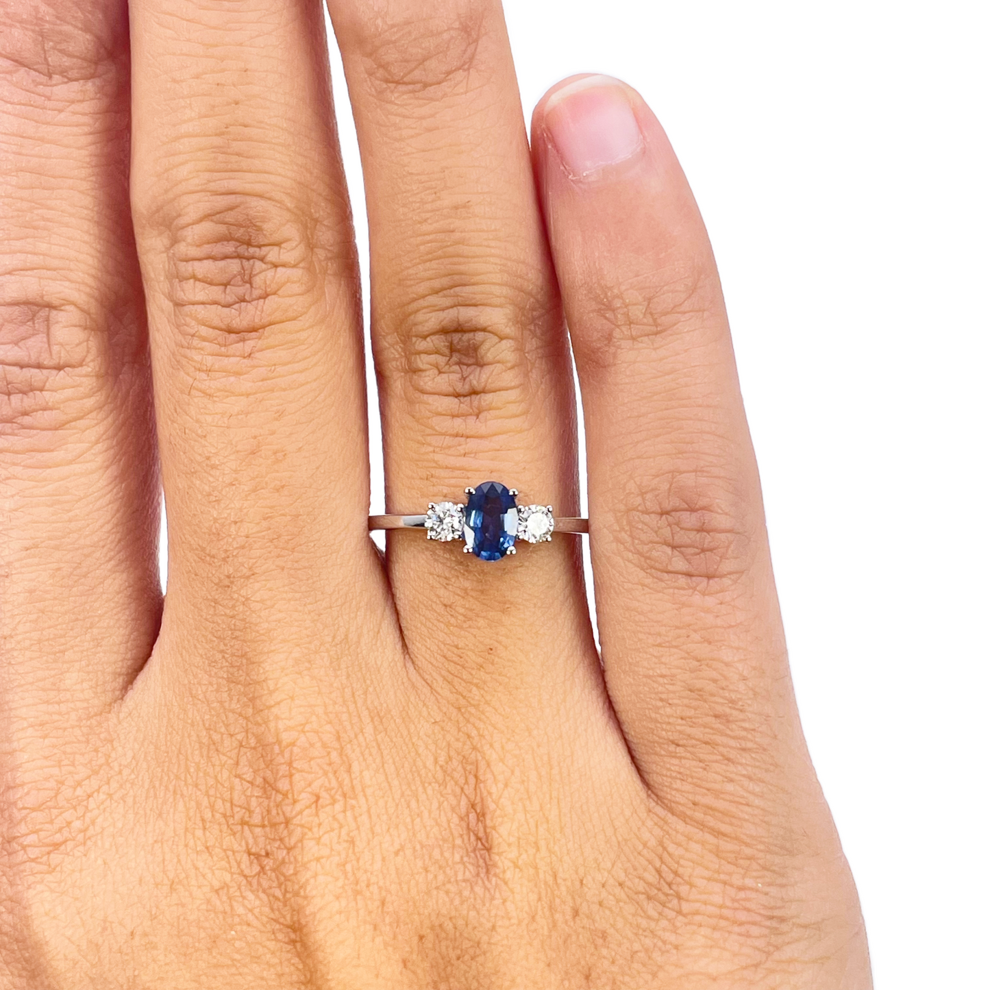 18kt Goud Natuurlijke Saffier Diamant Drie-Stenen Ring Rond & Ovaal Geslepen 0,65ct