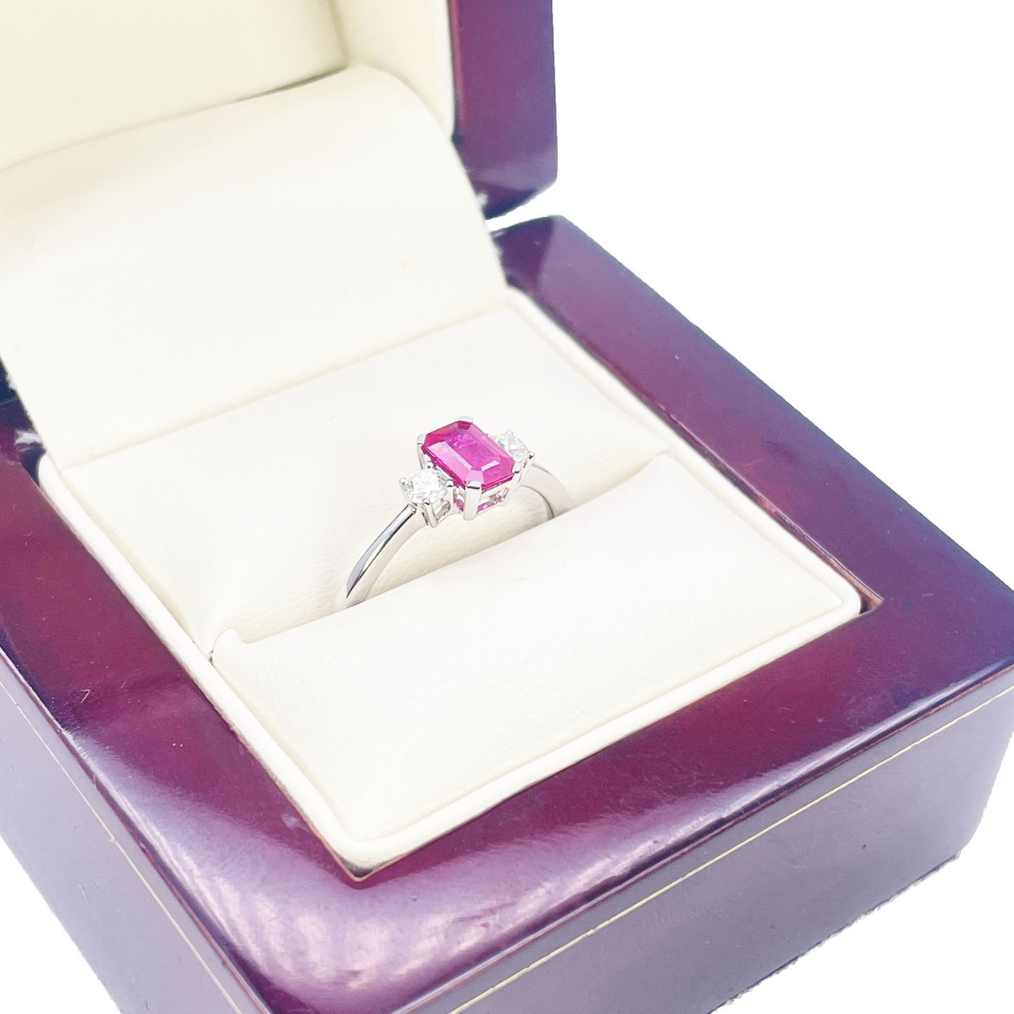 18kt Goud Robijn Diamant Ring Natuurlijke Ronde & Smaragd Geslepen Drie-Stenen 0,75ct